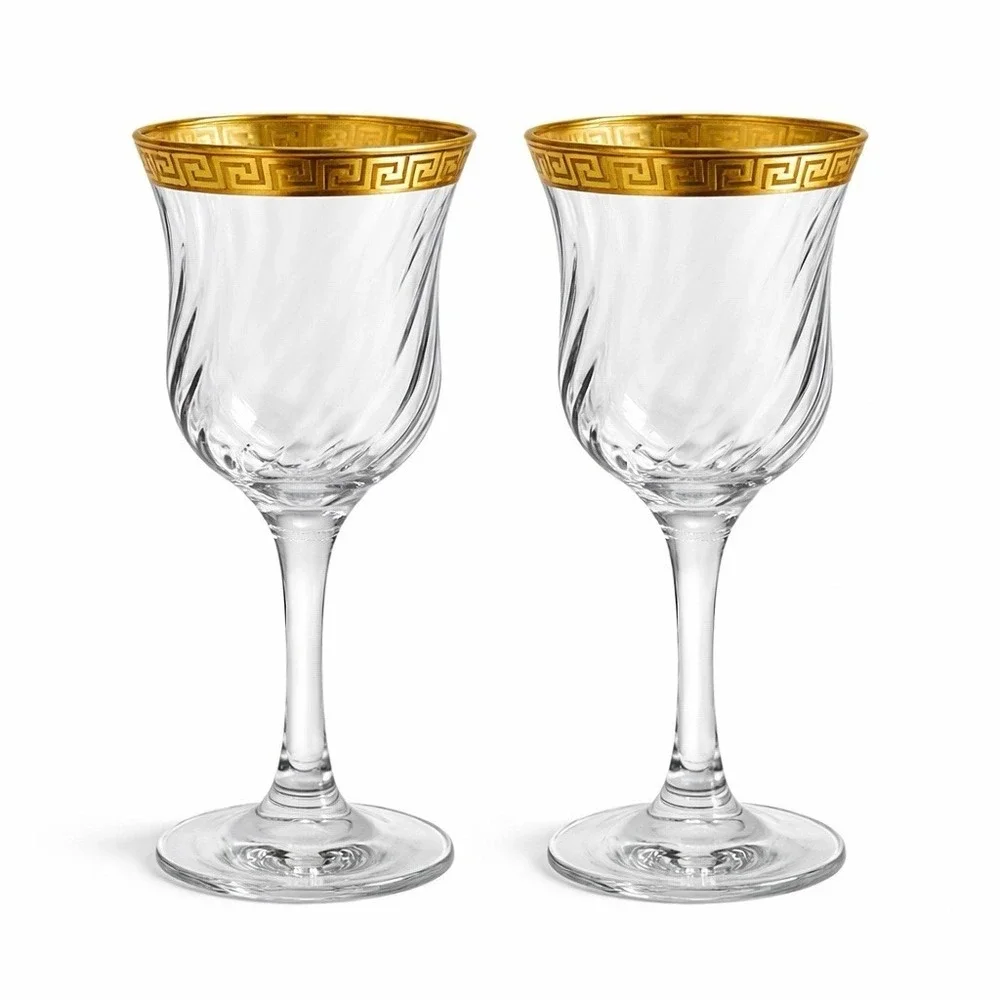 Vintage Gold Greek Key Wine Glasses Set‎ of 2 Optic Swirl Bowl Elegant Barware